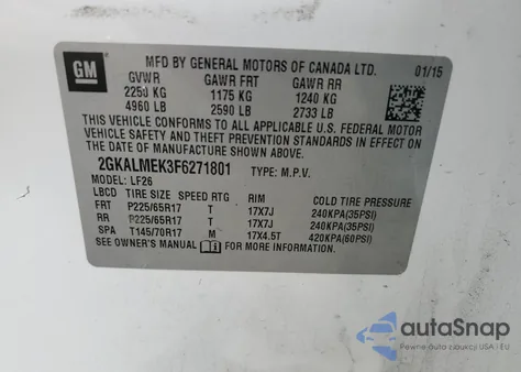 2015 GMC Terrain Sle z USA, uszkodzony, nr VIN 2GKALMEK3F6271801